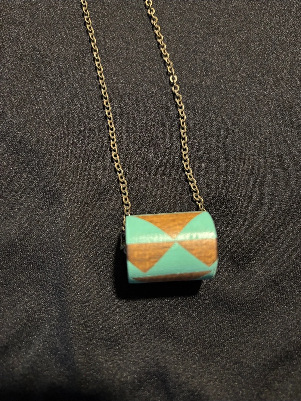 Handmade/Hand Painted Wooden “Bead” Necklace with Turquoise Geometric Design - Picture 7 of 8
